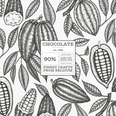 Cocoa design template. Chocolate cocoa beans background. Vector hand drawn illustration. Vintage style illustration.