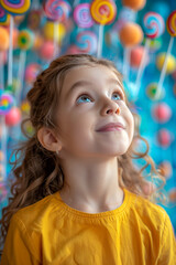 A beautiful smiling little girl looks up at a shower of lollipops