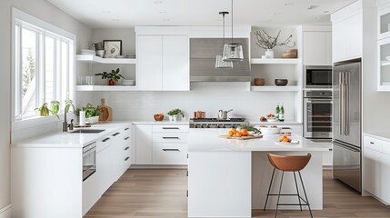 Fototapeta na wymiar Minimalist white kitchen, where sleek cabinetry and white accents