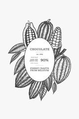 Cocoa design template. Chocolate cocoa beans background. Vector hand drawn illustration. Vintage style illustration. - 745863798