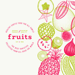 Tropical Fruit Design Template. Vector Hand Drawn Exotic Fruit Banner. Vintage Style Menu Illustration.