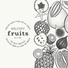 Tropical Fruit Design Template. Vector Hand Drawn Exotic Fruit Banner. Vintage Style Menu Illustration. - 745863928