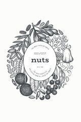 Hand Drawn Nuts Branch And Kernels  Template. Organic Seed Vector Design. Retro Nut Illustration. Engraved Style Botanical Banner. - 745863980