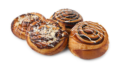Different delicious rolls isolated on white. Sweet buns
