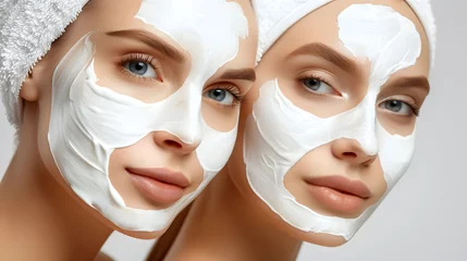 Cercles muraux Salon de beauté Two serene women with white nourishing facial masks and head towels on a light background, indulging in skincare. 