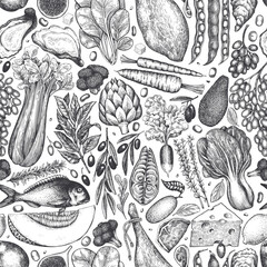 Mediterranean Cuisine Seamless Vector Pattern. Vector Hand Drawn Healthy Food Background. Vintage Style Menu Illustration. - 745864177