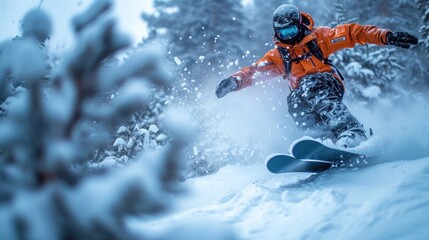 Naklejka premium Snowy Adrenaline: A Rider’s Journey Amidst Alpine Peaks