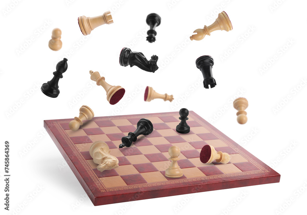 Sticker Chess pieces and wooden checkerboard in air on white background