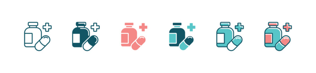 a bottle of medicine pill icon set medical capsule prescription with cross sign vector illustration