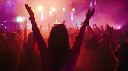 Obraz premium Event crowd. Hands raised. Celebration, event, concert, live show. Stadium. Arena. Happiness and excitement.