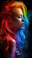 Schöne Frau mit Haaren in Regenbogenfarben
