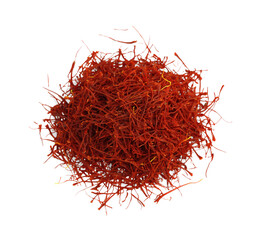 Pile of dried red saffron isolated on white, top view