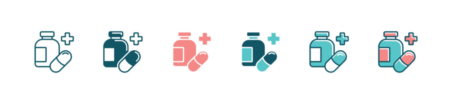 a bottle of medicine pill icon set medical capsule prescription with cross sign vector illustration