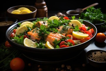Fototapeta na wymiar Seafood salad with salmon, shrimp, mussels, herbs and tomatoes, generative IA