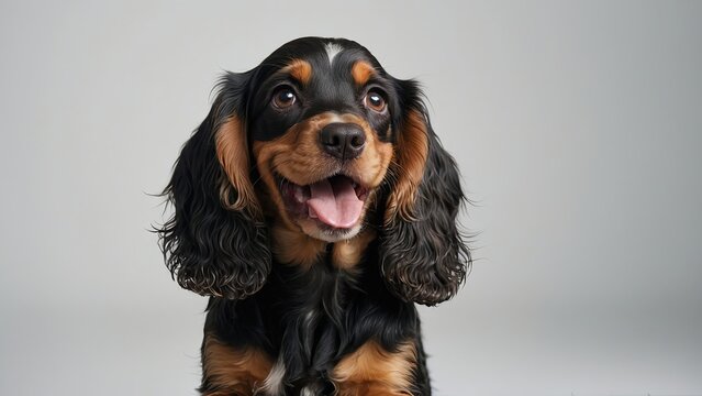 Primer plano de cachorro Cocker spaniel de pelaje negro,  feliz, sobre fondo blanco
