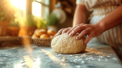 Obraz premium Golden Hour Baking: Hands Kneading Fresh Dough Amidst Flour Dust