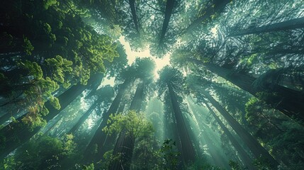 Lush forest with sunlight filtering through the tree canopy, evoking a serene and mystical atmosphere suitable for themes of nature and tranquility.