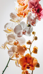 Orchid flowers. Different shapes and colors. Neutral background place for advertising.
