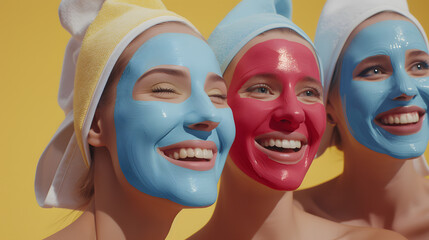 Group of three joyful friends with bright facial masks and hair towels having fun during a beauty routine against a sunny backdrop.
