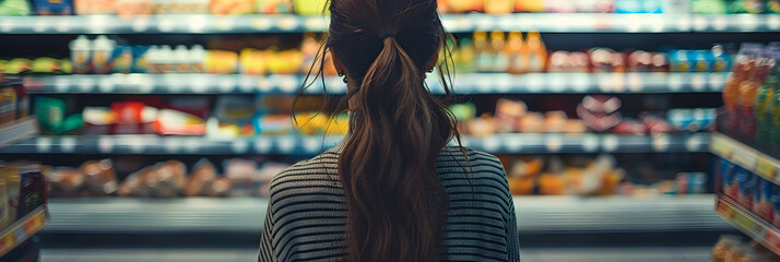 a photo of a beautiful young american woman shopping in supermarket and buying groceries and food products in the store.  - obrazy, fototapety, plakaty
