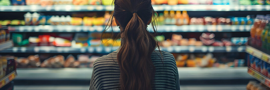 a photo of a beautiful young american woman shopping in supermarket and buying groceries and food products in the store. 