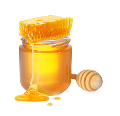 Natural honey in jar, wooden dipper and piece of honeycomb on white background