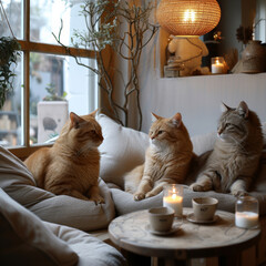 Three domestic cats lounging together in a cozy cafe with soft lighting and warm ambiance in the early evening