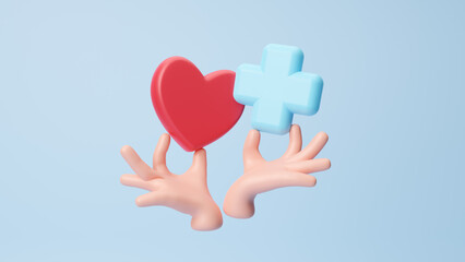 3d plus sign with red heart icon, health care love organ giving love. health care, hope, life insurance concept, world heart day, world health day. Health welfare. Relationships in love. 3d rendering - obrazy, fototapety, plakaty