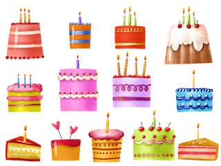 Big set of isolated cakes. Cute desserts and pastries. Birthday cake. Cakes with colored icing and candles. Cute illustration for children