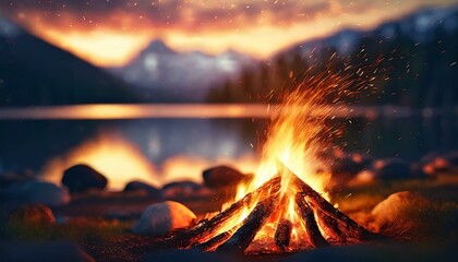 Campfire with sparks, vivid flames by a lake at sunset. Depiction of summer camping outdoors in nature.