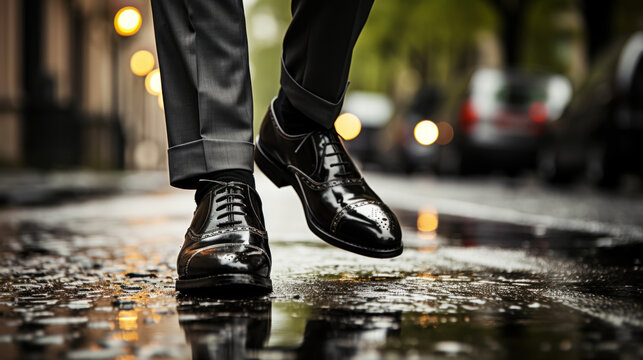 Street Photo Of The Feet Of A Businessman Walking Down The Road. Perfect Dynamic Action Composition. Generative AI