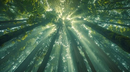 Sunlight piercing through the tall, moss-covered trees of a serene and lush green forest, creating...