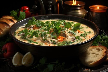 A creamy seafood soup with prawns and mussels, generative IA