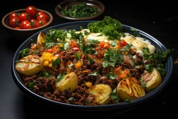 View from above potatoes baked with chopped meat and vegetables inside the plate o, generative IA