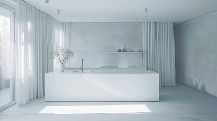Fototapeta na wymiar Minimalist white kitchen, where minimalist furnishings and white accents create a peaceful space for culinary inspiration