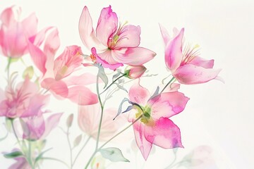 Watercolor botanical art summer pink flowers on white background, horizontal banner
