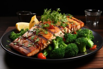 Front view grilled red fish fillet with broccoli a slice of tomato lemon and carsh, generative IA