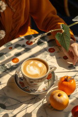 Warm coffee sits on a decorative table surrounded by ripe fruits against a sunlit backdrop in a cozy cafe setting