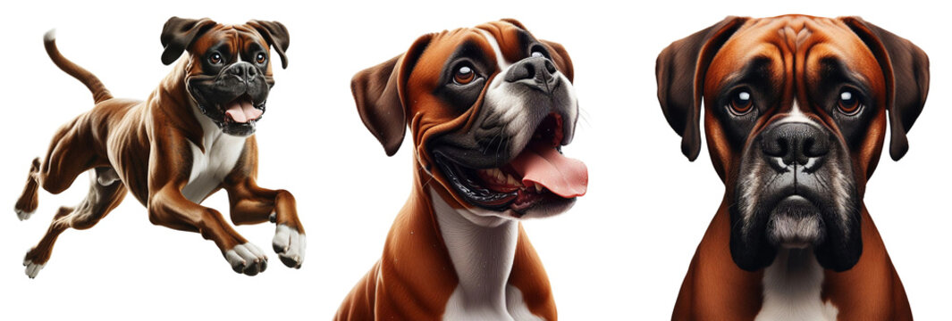Cut-Out Set of Boxer Dog and Bulldog: Happy, Sad, Playing, Jumping, and Running on Transparent Background, Detailed PNG, High Quality, Ready for Your Project