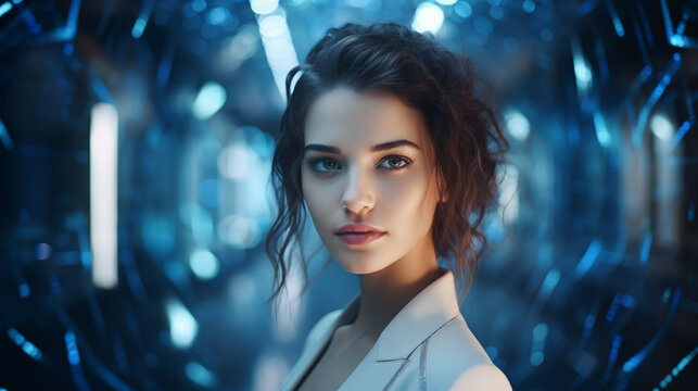Portrait of young woman scientist doctor with dark hair in futuristic setting with blue neon lights