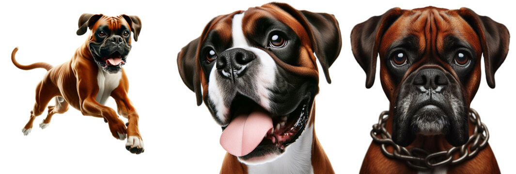 Cut-Out Set of Boxer Dog and Bulldog: Happy, Sad, Playing, Jumping, and Running on Transparent Background, Detailed PNG, High Quality, Ready for Your Project
