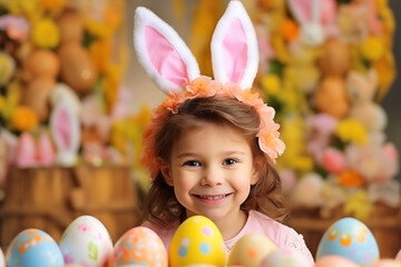 Beautiful smiling child receiving easter chocolates, cheerful child waiting for easter eggs easter chocolate dessert