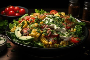Upper view of vegetable salad with cherce lettuce corn and dry tomatoes, generative IA