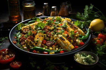 Upper view of vegetable salad with cherce lettuce corn and dry tomatoes, generative IA