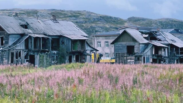 Abandoned dilapidated old house, Teriberka, Murmansk region. An old dilapidated wooden house with broken windows on a background of rocks and blooming flowers and grass. 4K