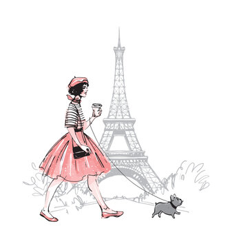A cute young French girl in a red skirt walks with a dog in Paris near the Eiffel Tower. Modern watercolor drawing and line sketch. Vector print isolated on white background.