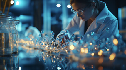 Focused scientist examining chemical samples in a modern laboratory with blue lighting.