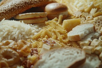 close-up of various fast carbohydrates foods, including white bread, pasta, rice, and sugary snacks, with a focus on texture and detail