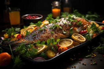 Tasty upper view cooked fish with fresh vegetables and spices on the dark table, generative IA
