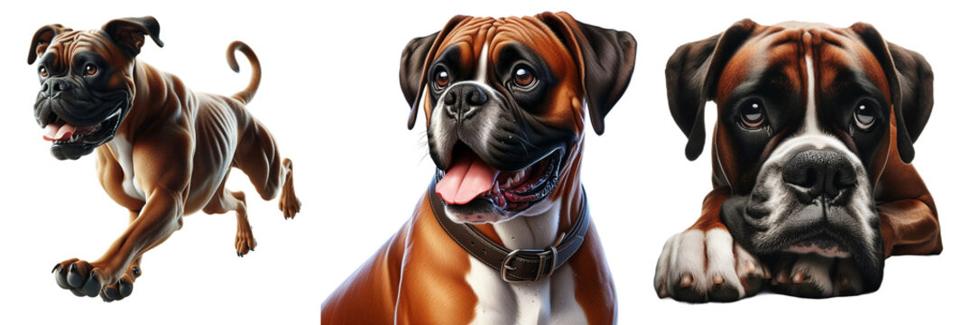 Cut-Out Set of Boxer Dog and Bulldog: Happy, Sad, Playing, Jumping, and Running on Transparent Background, Detailed PNG, High Quality, Ready for Your Project